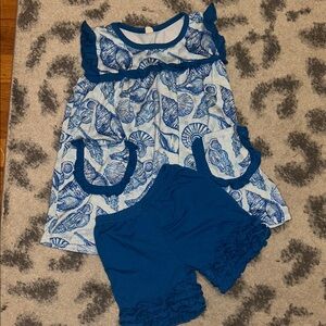 Blue Seashell Print Toddler Boutique Set - Ruffle Top & Shorts